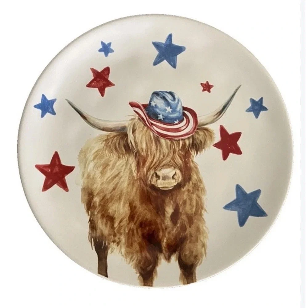Set Of 4 Hobby Lobby Patriotic Highland Cows Plates Cowboy Hat Ceramic